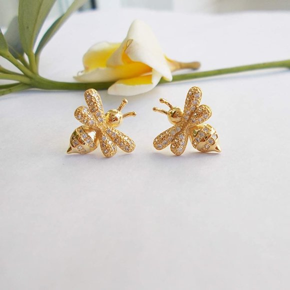 Jewelry - 14k Gold Queen Bee Diamonds Stud Earrings Sterling Silver